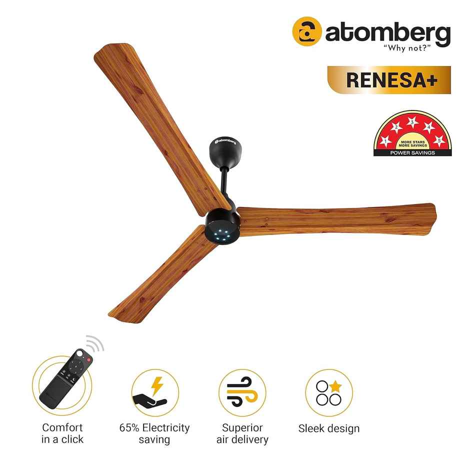 Atomberg Renesa+ BLDC Ceiling Fan,1400mm,Remote Control,BEE 5 star,LED Indicators,Golden Oakwood