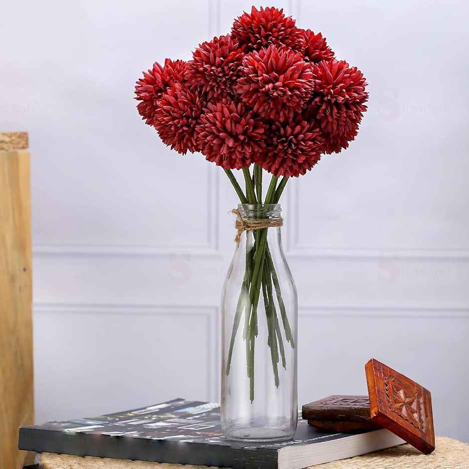 Tied Ribbons Set of 6 Artificial Chrysanthemum Ball Flowers Stick Bunch | Red | 29 Cm