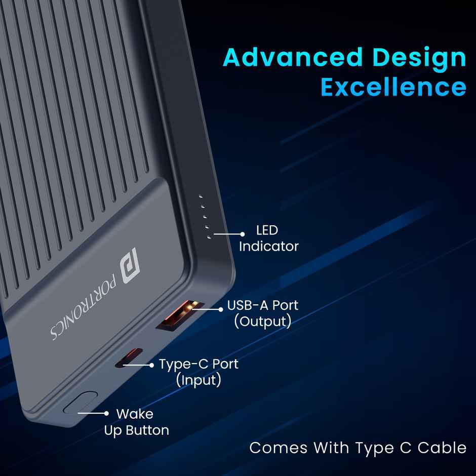 Portronics Luxcell B12 10,000mAh Ultra Slim Wired Power Bank with USB-A Output Port & Type C Input Port |12W Output |4-Layer Circuit Protection |BIS Certified |Type C Cable Included|Made in India - Dark Blue