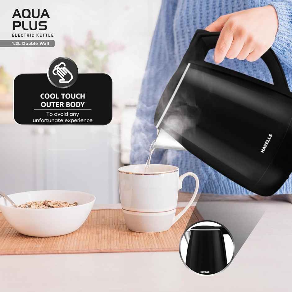 Havells Aqua Plus Electric Kettle 1.2 Litre, 1250 Watt,  304 Stainless Steel Inner Body, Cool Touch Body,  Auto Shut-Off - Black
