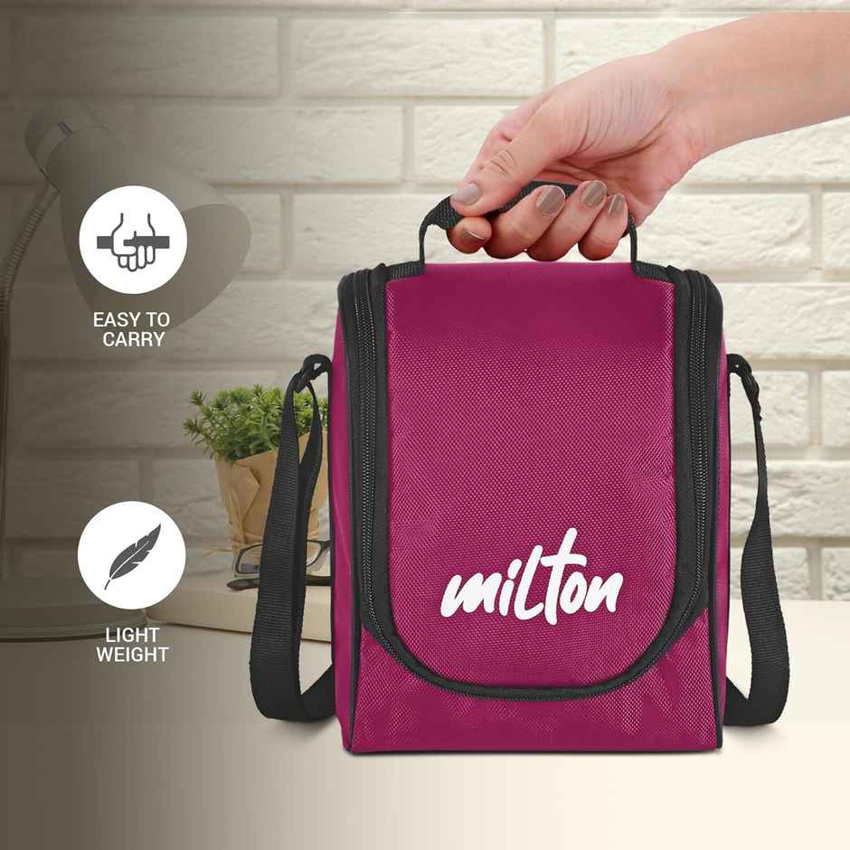 Milton Pro Lunch Box (3 Inner Steel Containers, 1 Plastic Dabba, Bottle, & Spoons) With Bag, Maroon