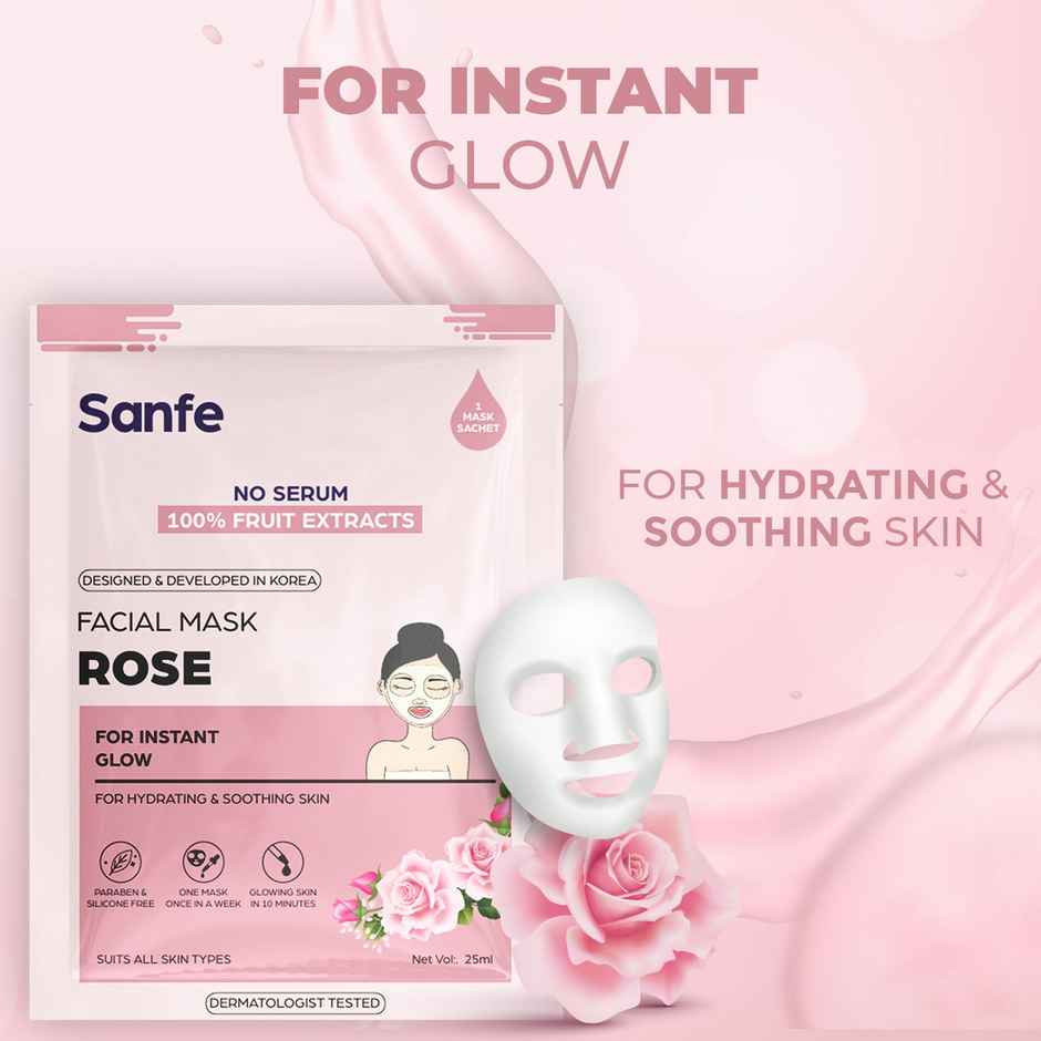 Sanfe Instant Glow Rose Facial Mask 100% Fruit Extracts, Korean Mask