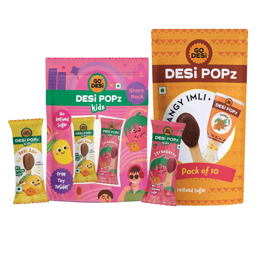 Real Aam (Mango) And Strawberry Desi Popz | No Refined Sugar | Lollipop Candy By Go Desi (8pc) & Tangy Imli (Tamarind) 10 Pcs Sour Candy | No Refined Sugar | Lollipop By Go Desi (10pc) Combo