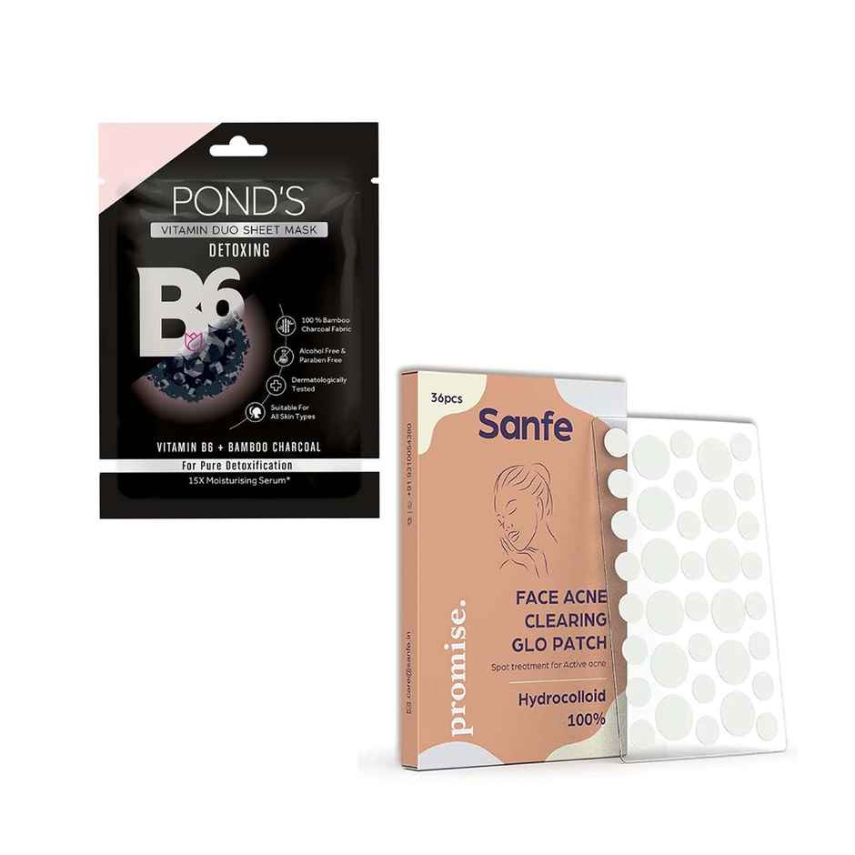 Pond'S Activated Charcoal Clear Detox Skin, With Vitamin B6 Sheet Mask(25ml) & Sanfe Promise Face Acne Patch(36pc) Combo