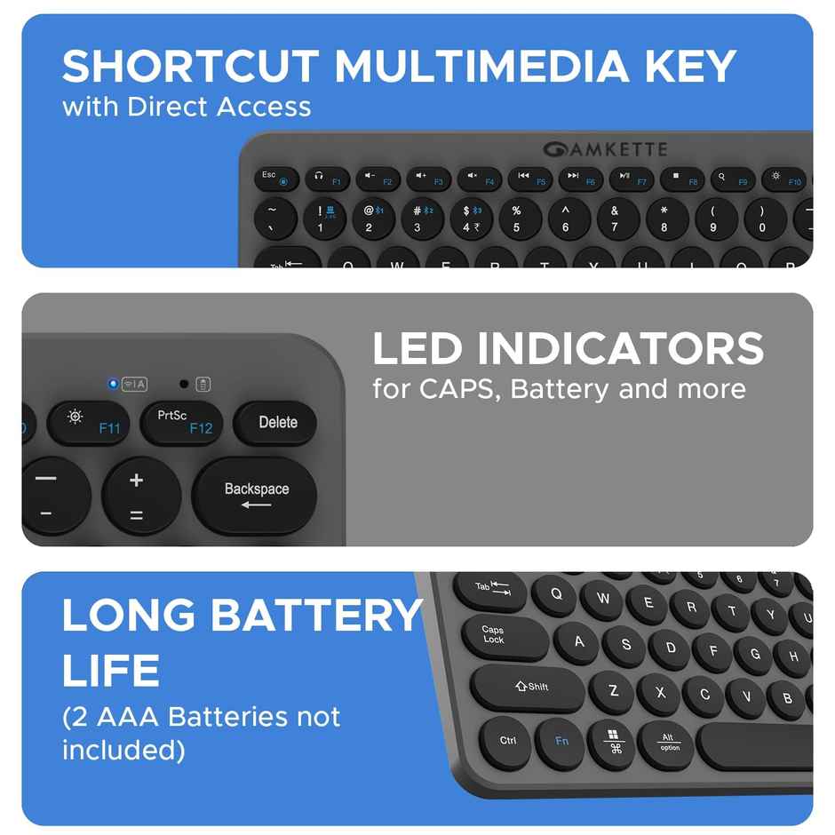 Amkette Optimus Bluetooth 4 In 1 Multi Device Wireless Keyboard/Bluetooth Keyboard | One Click Device Switching and AI Access for Windows, MacOs, Android and iOS, Dual OS Layout - Grey