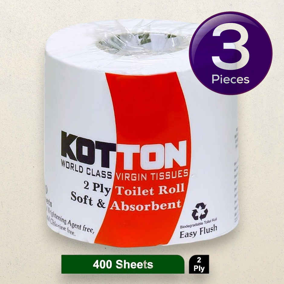 Kotton Toilet Roll - 2 Ply -100% Virgin Pulp/Paper, single pack 400 sheets Combo