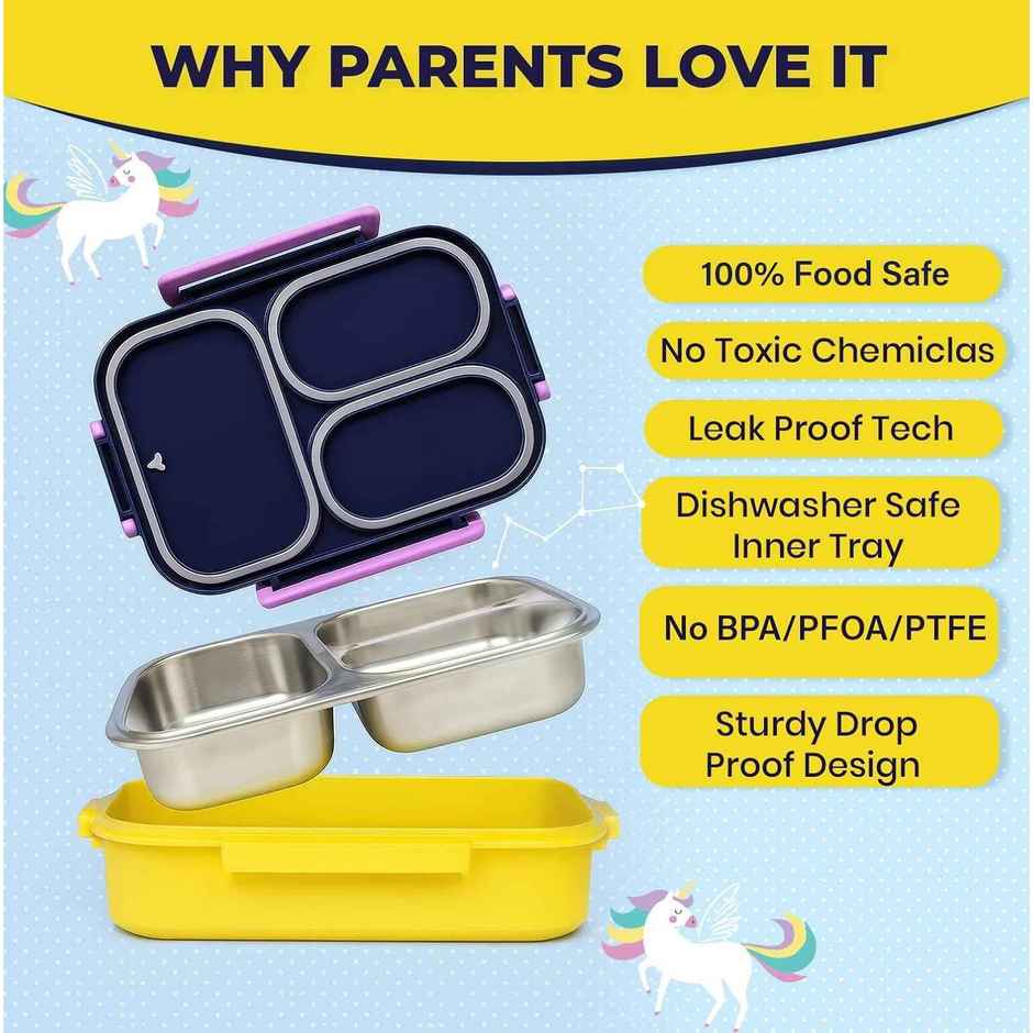 SOLARA Premium Stainless Steel Lunch Box for Kids | Leak Proof | Tiffin Box for Boys/Girls | Unicorn