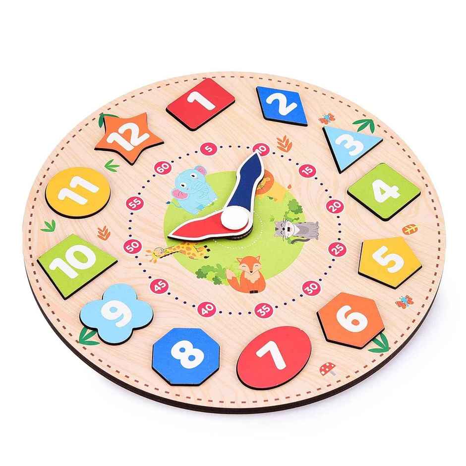 Webby Wooden Toys Early Educational Game | Clock Time & Shape for kid |12 pcs, Multicolour| 3+ Year
