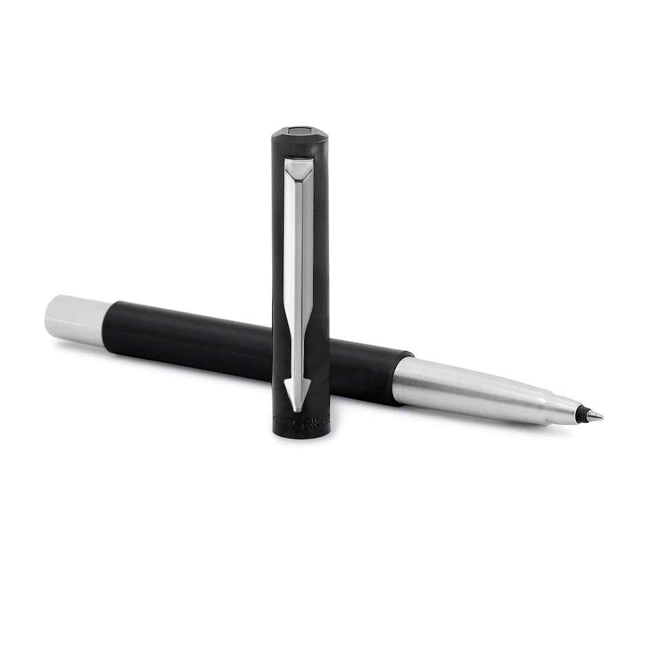 Parker Vector Chrome Trim Black Roller Pen | Blue Ink | Smooth Gift Set