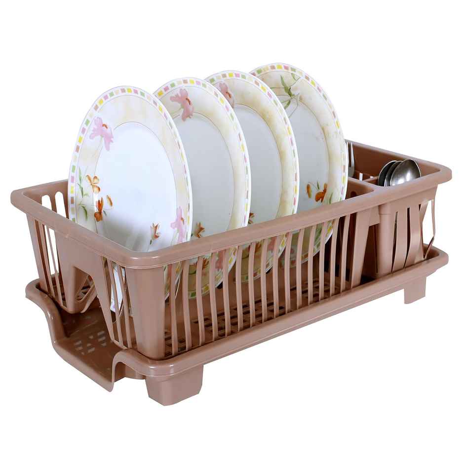 Kuber Industries Plastic Dish Drainer with Tray|Dish Drying Rack for Kitchen | Maple Brown