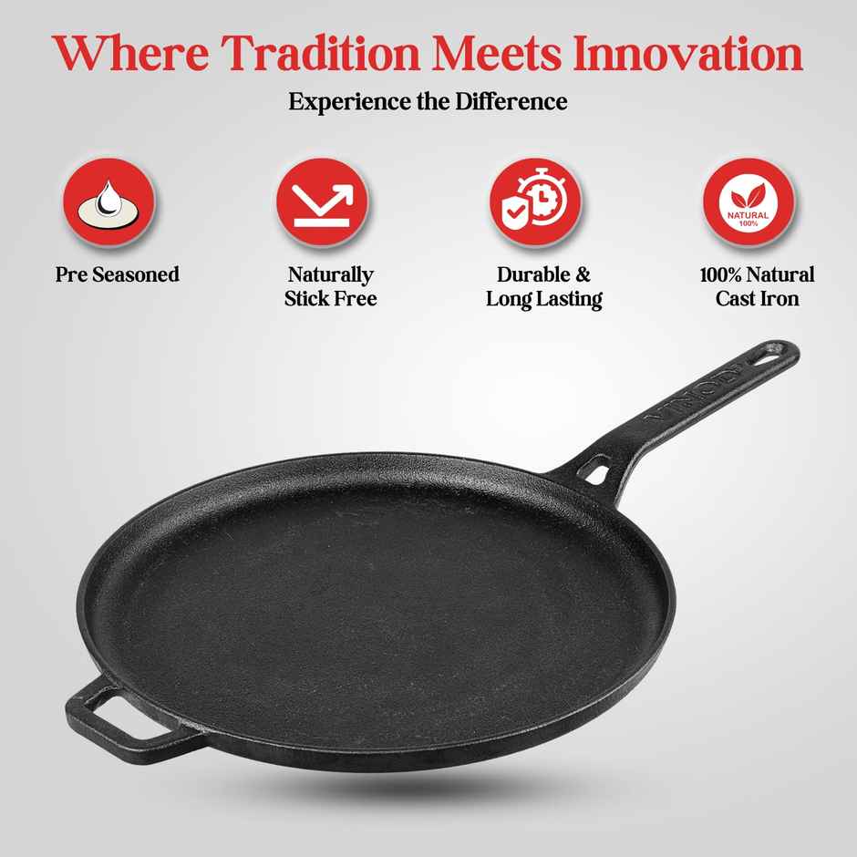 Vinod Legacy Pre-Seasoned Cast Iron Dosa Tawa - 28 Cm, Induction Friendly, Black