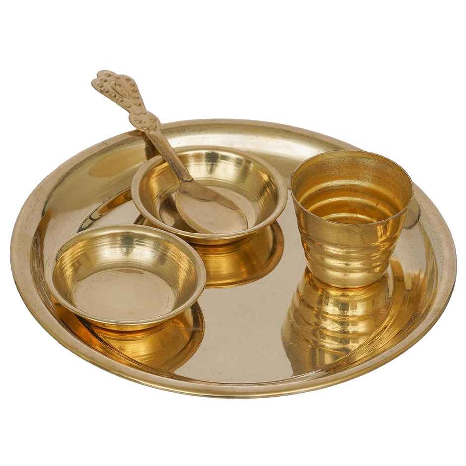 eCraftIndia 5 in Brass Puja Thali With 2 Katori/Bowls, 1 Spoon And 1 Glass