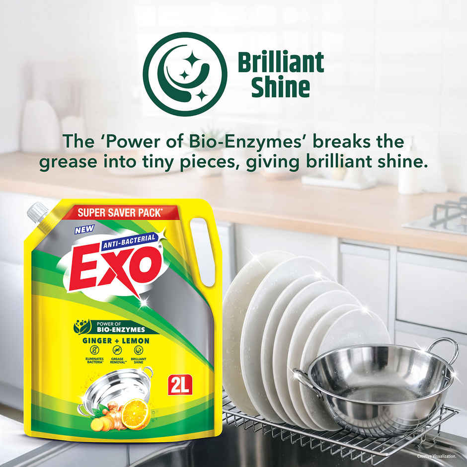 Exo Ginger & Lemon Anti Bacterial Dishwash Liquid | Tough Grease Removal with Power of Bio-Enzymes