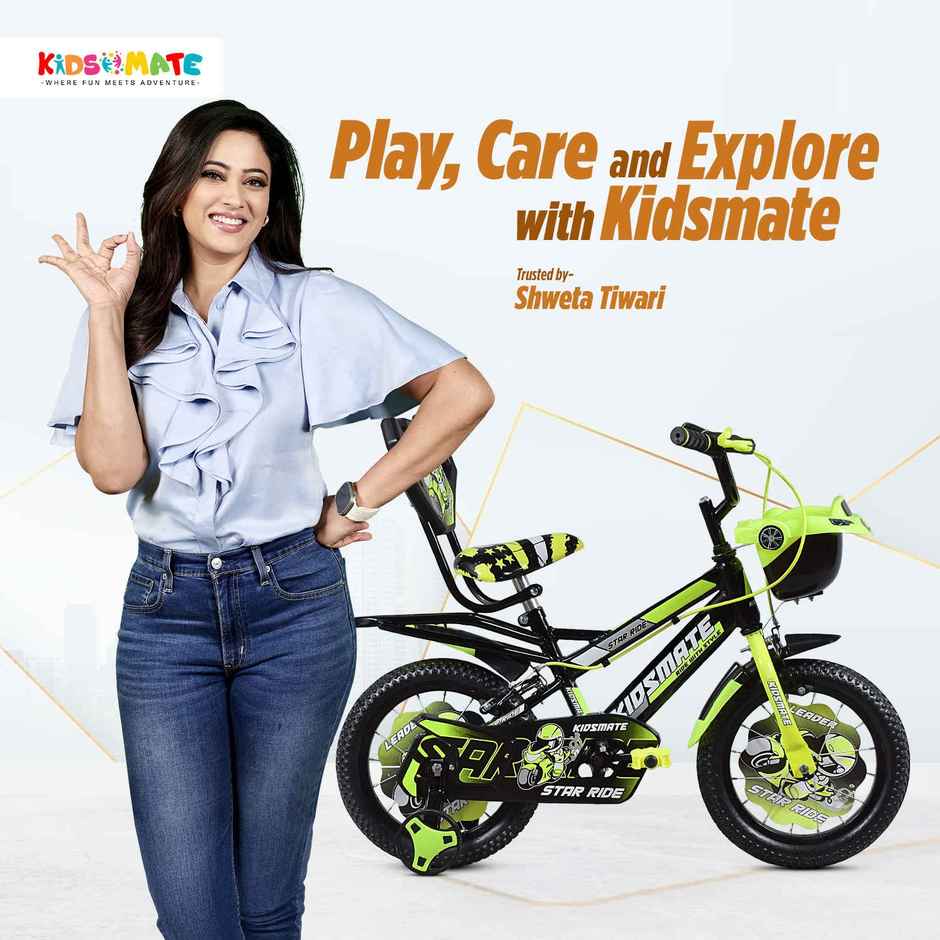 Kidsmate Star Ride 14T Kids Bicycle with Training Wheels | Neon Green