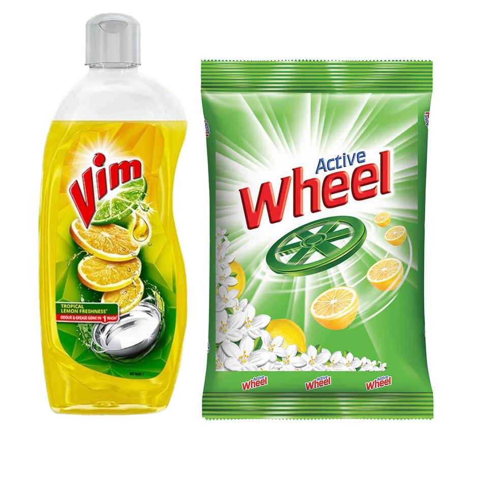 Vim Lemon Dishwash Liquid Gel (500ml) & Wheel Green Lemon & Jasmine Detergent Powder (1kg) Combo