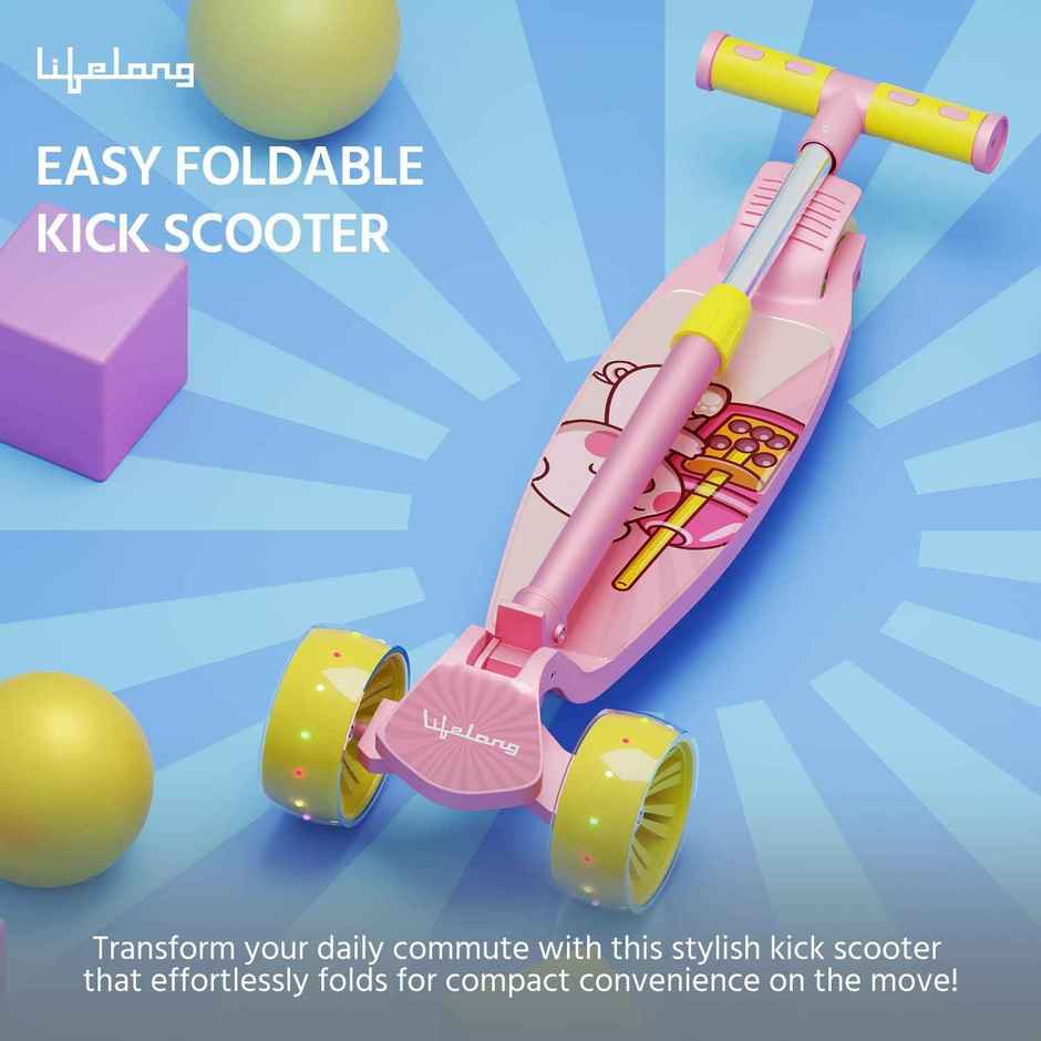 Lifelong Foldable Kids Scooter with LED Wheels | Max 50kg | Pink & Yellow