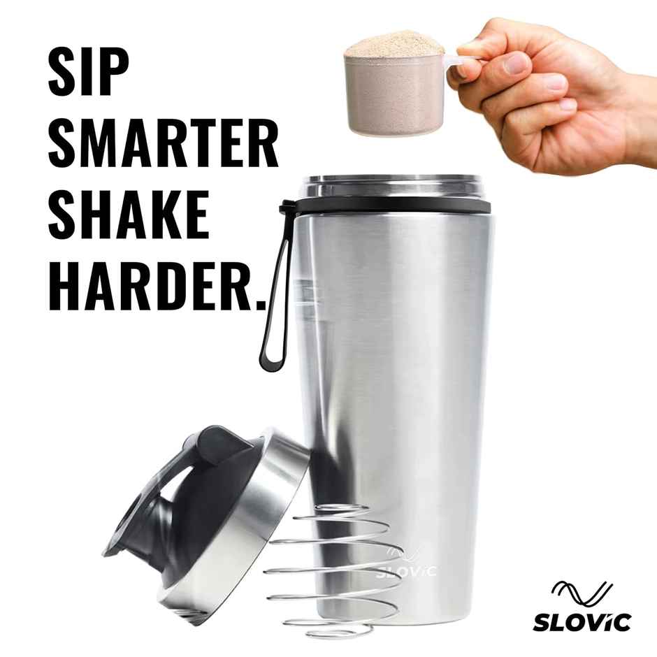 Slovic 750ml Stainless Steel Shaker Bottle for Gym with Leakproof Lid & Blender Ball | 100% BPA Free