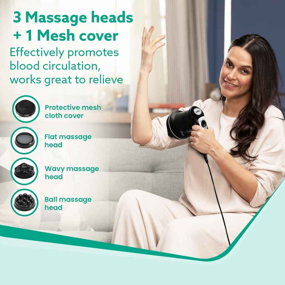 AGARO Atom Electric Handheld Full Body Massager with 3 Massage Heads, Mesh Cover