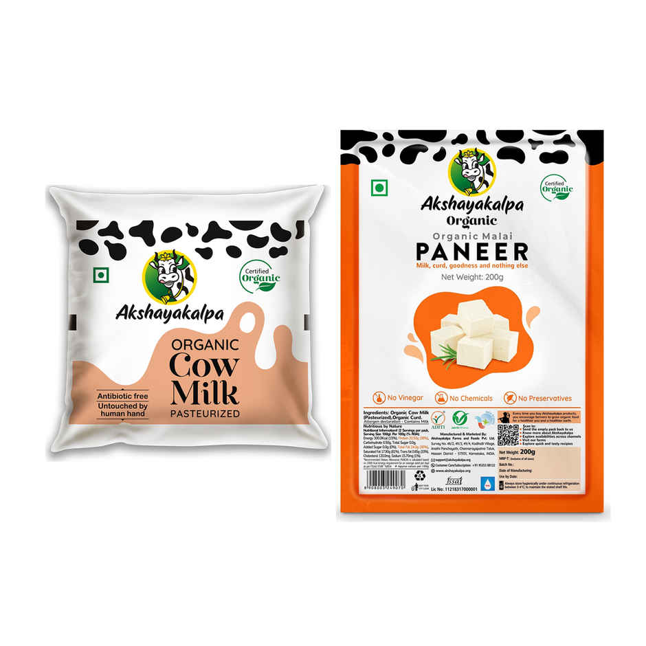 Akshayakalpa Organic Pasteurized Cow Fresh Milk (Pouch) (500ml) & Akshayakalpa Organic Malai Paneer(200gms) Combo