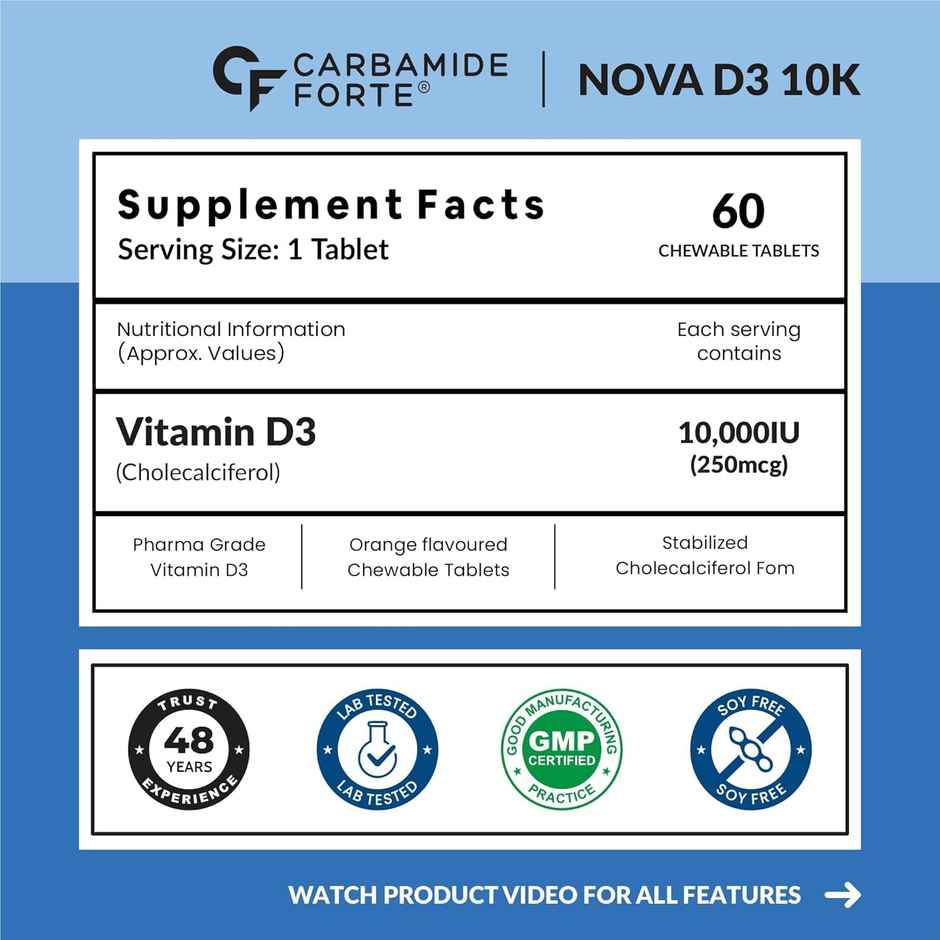 Carbamide Forte Vitamin D3 10000 IU Chewable Tablets | Orange Flavour | 60 Tablets