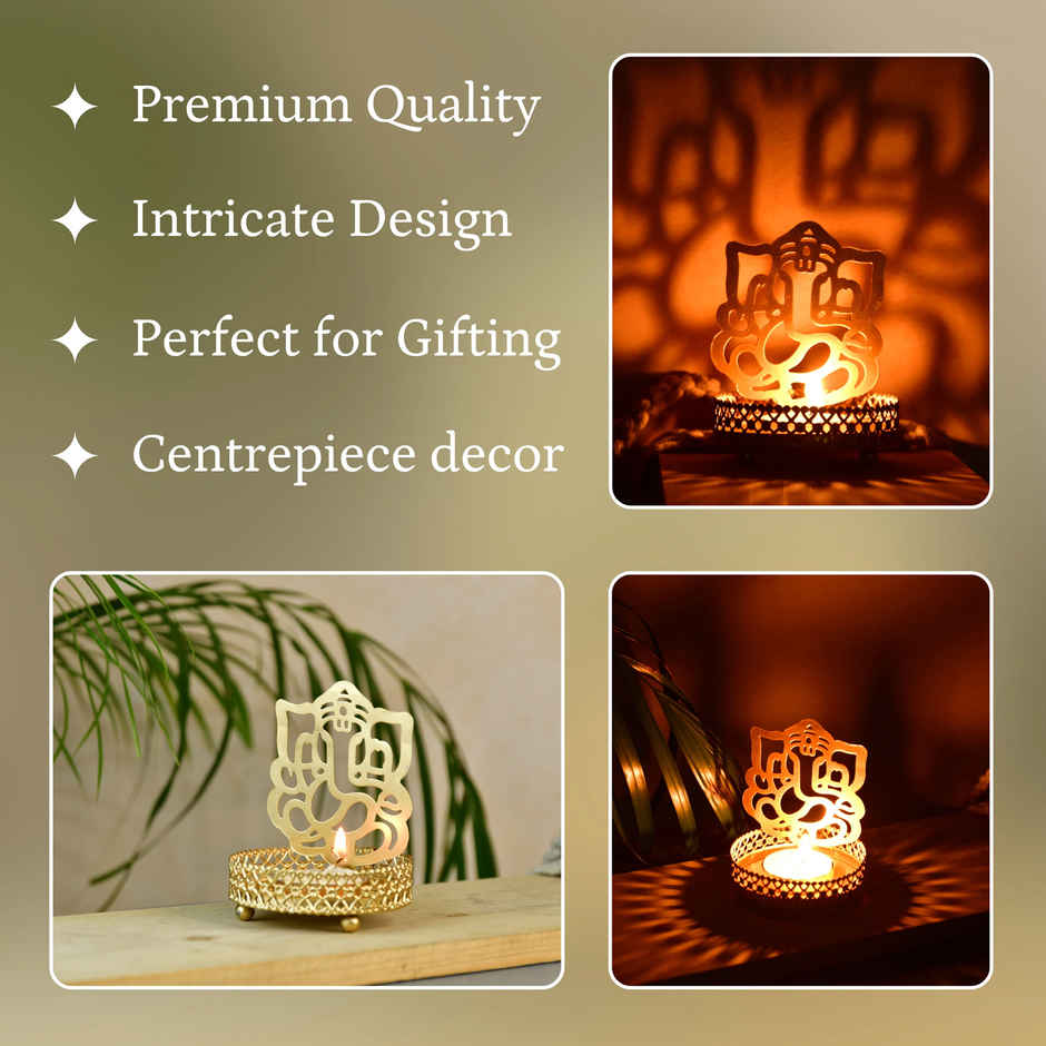 Shadow Ganesh Ji Tealight Candle Holder | Metal | Gold | Party Propz