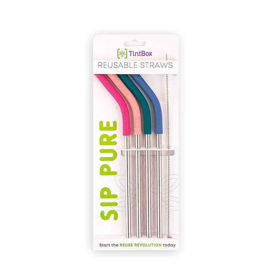 Tintbox Reusable Stainless Steel Straws With Silicone Tip, Pack Of 4 Straws With Cleaning Brush