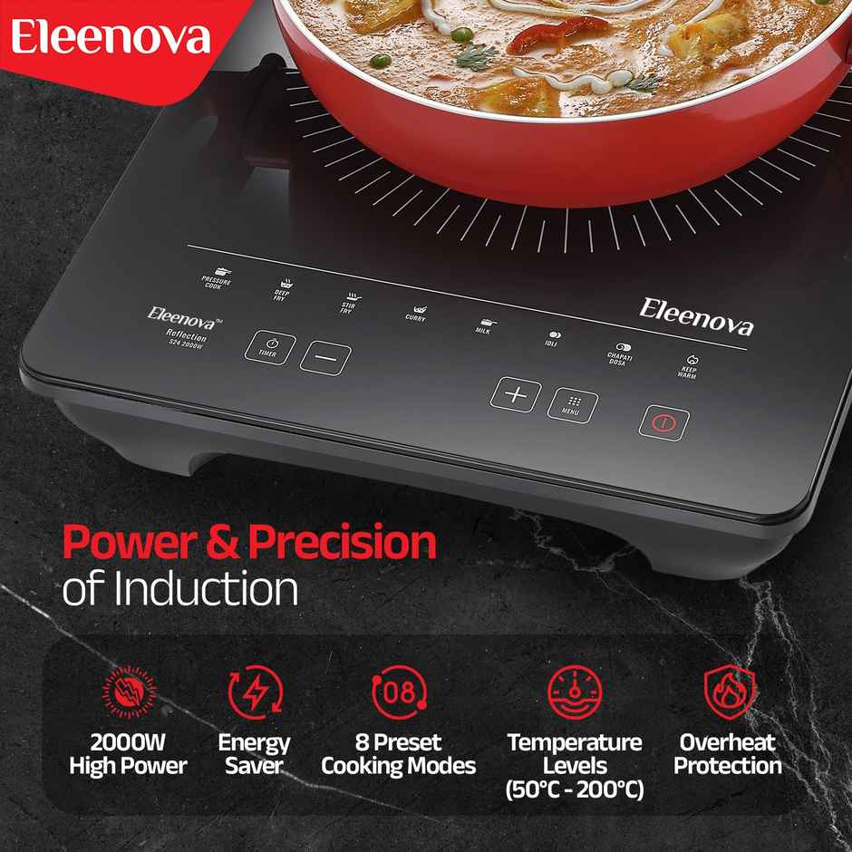 Eleenova Reflection 2000 W Induction-BIS-Approved, Crystal Glass, Smart-Sense, Indian Presets