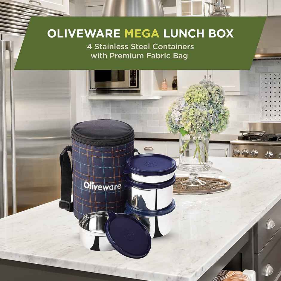Oliveware Mega Lunch Box, 4 Stainless Steels- Blue