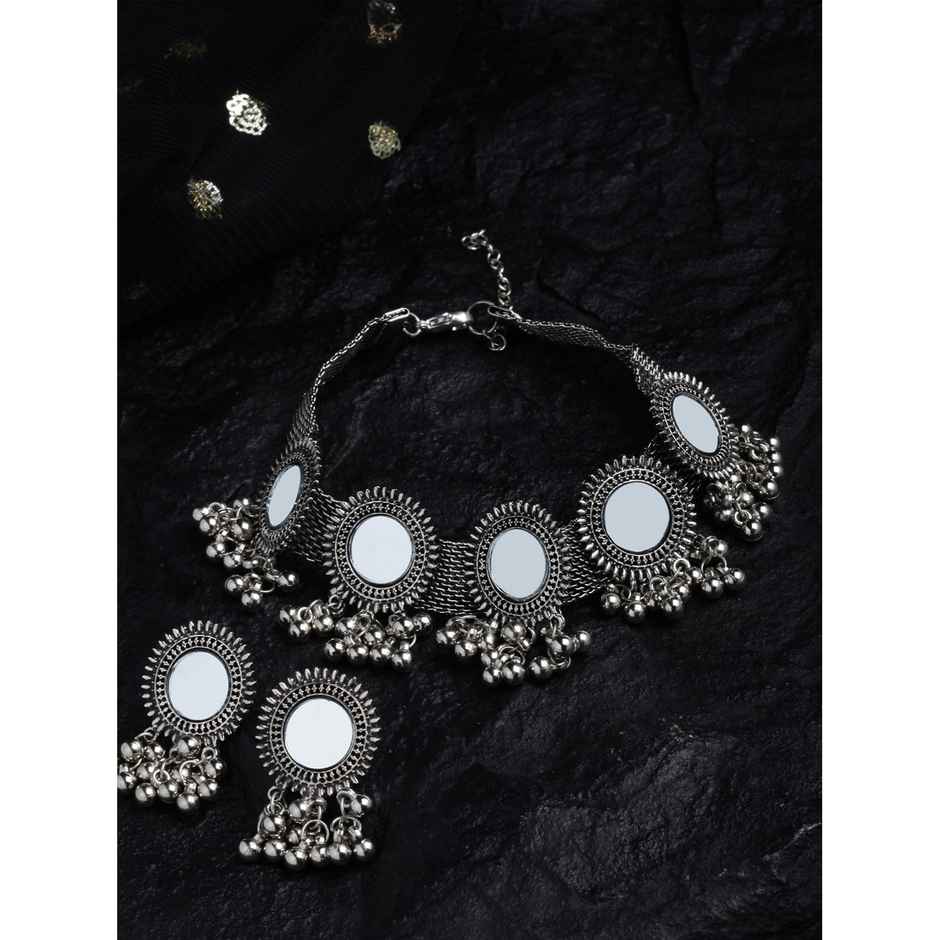 Shining Diva Fashion Stylish Oxidised Silver Tribal Choker Necklace Jewellery Set for Women 12162s