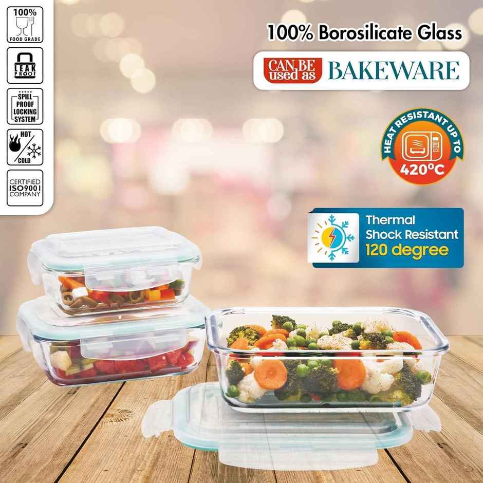 Signoraware Lock N Store Rectangular Borosilicate Glass Container|370 ml,640 ml,1040 ml|Transparent