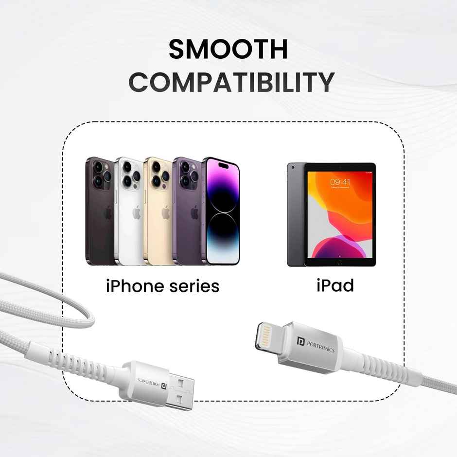 Portronics Konnect X 3A Nylon Braided USB to 8 Pin Fast Charging Cable | White - 2 m