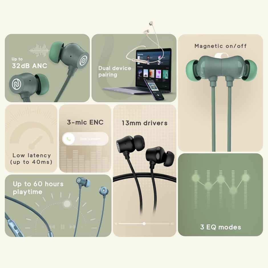 Noise Airwave Pro Bluetooth Wireless Neckband Earphones with Mic - Metallic Green