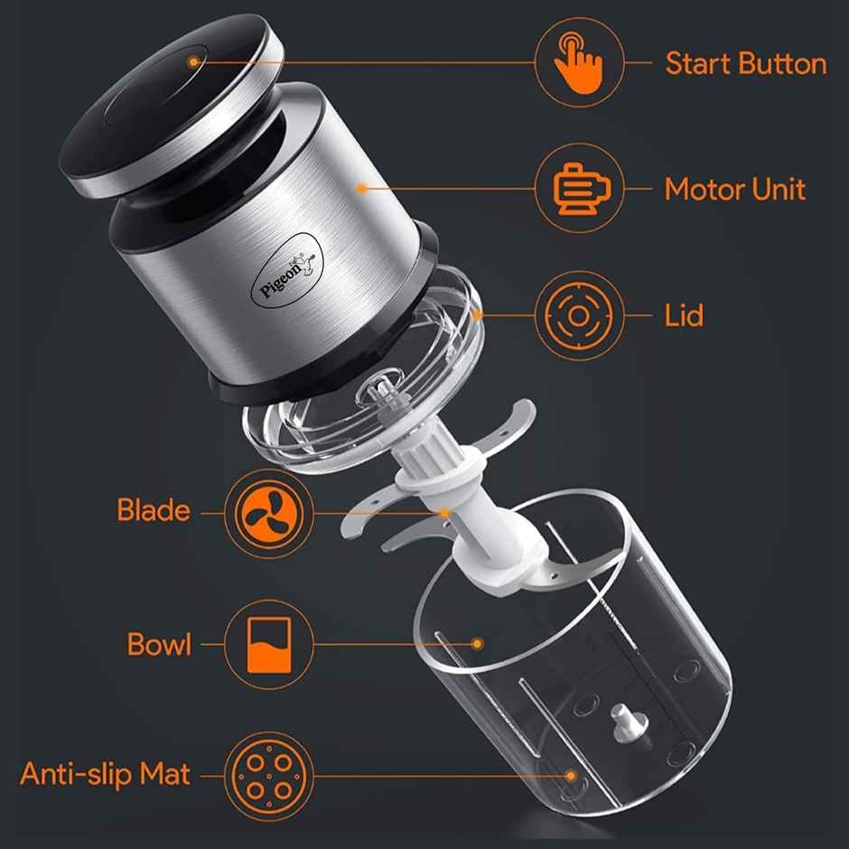 Pigeon Ultra Fast Electric 300 Watts Electric Chopper For Kitchen, Twin Blade Technology, 600 Ml, Plastic Bowl With Lid, Vegetable Chopper, Cutter, Chop, Mince, Dice, Blend - Silver