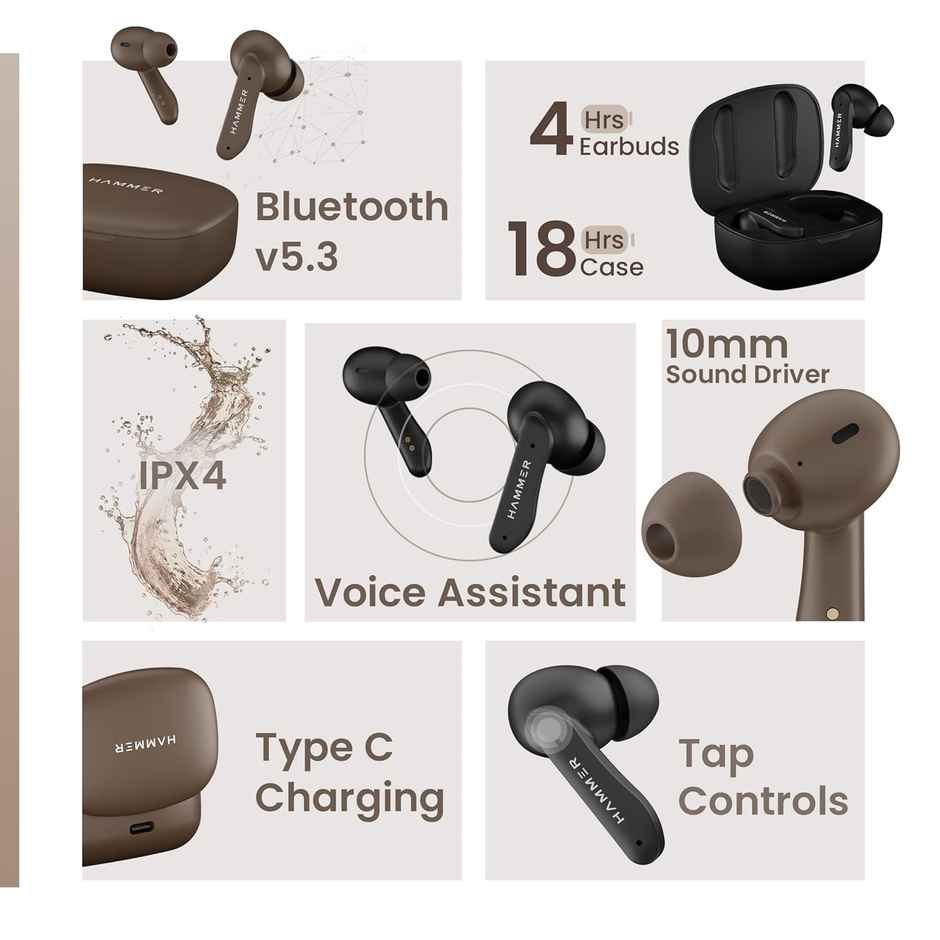 Hammer Solitude ENC Bluetooth In Ear Earbuds With Up To 22H Playtime, Type-C - Mocha Brown