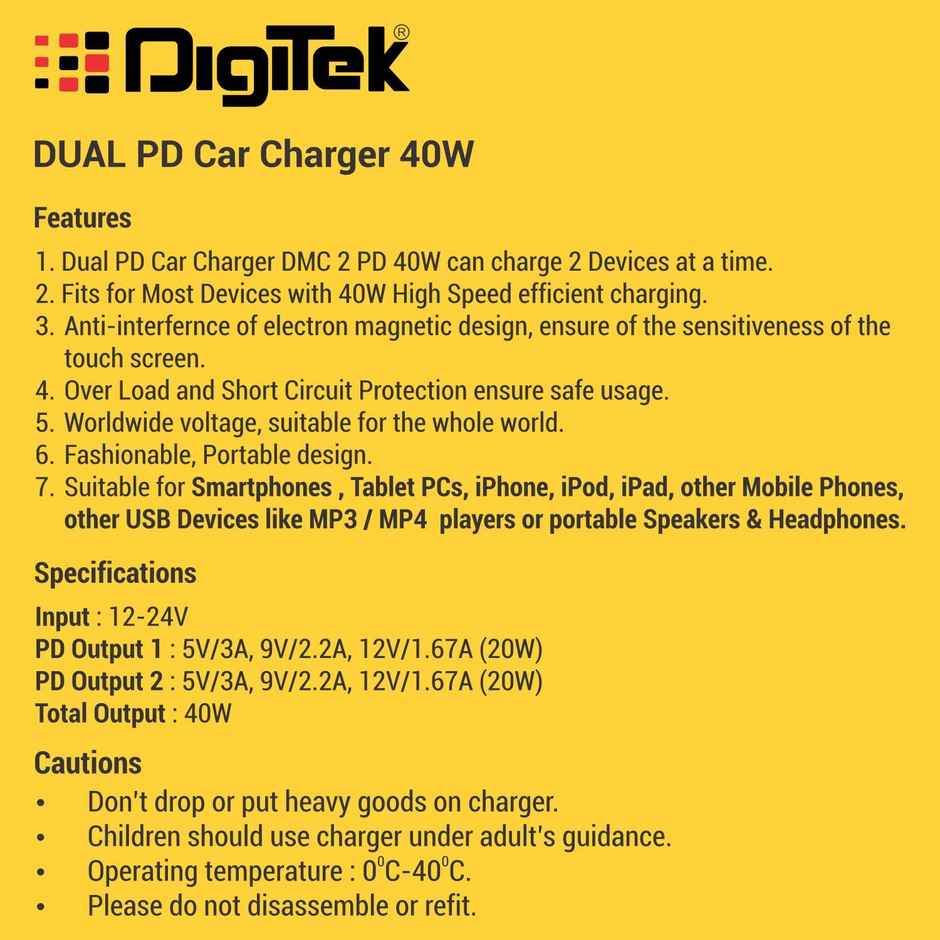 Digitek Dmc 2Pd 40W Fast Car Charger With Dual Output, 40 Watts Total (20W + 20W Type C Pd) (Black)