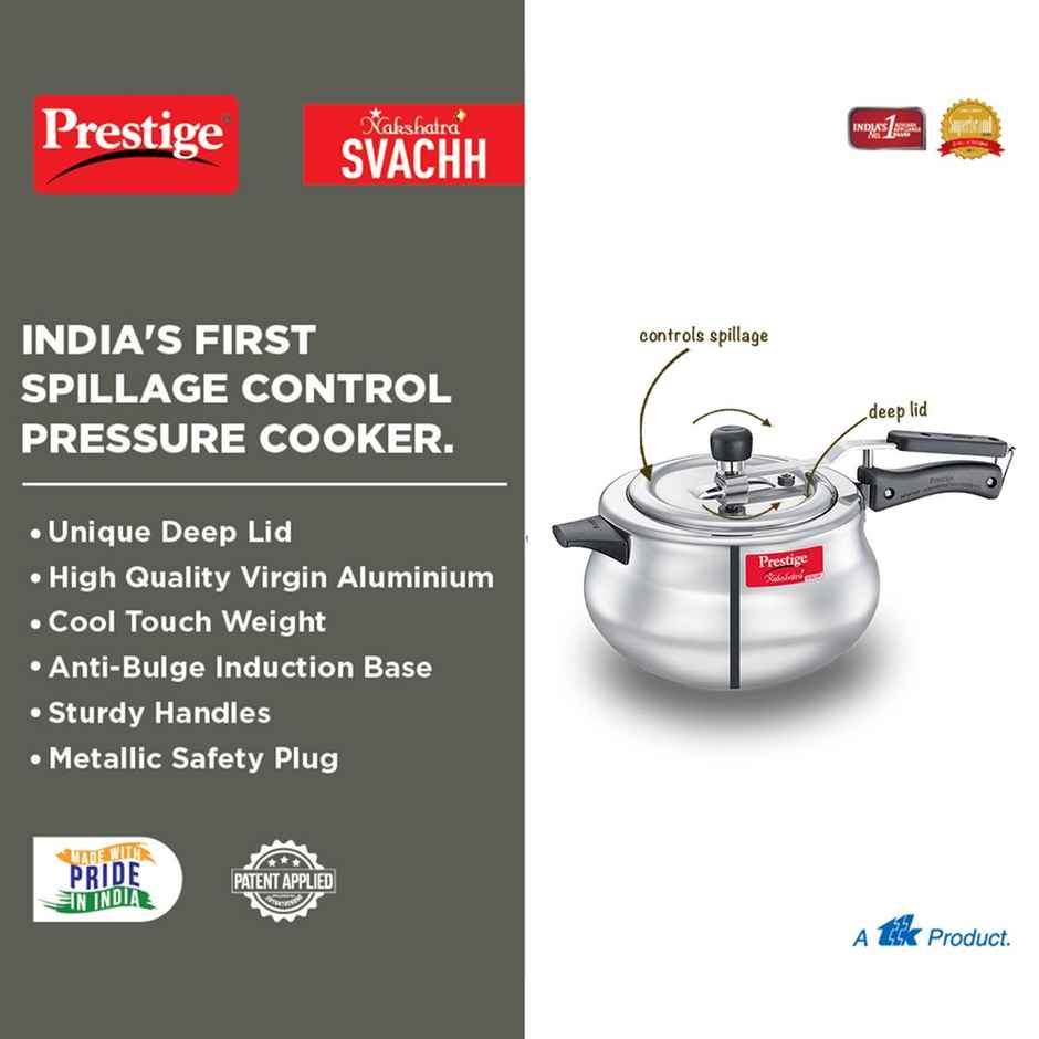 Prestige Nakshatra Plus Svachh Aluminium Spillage Control Handi Pressure Cooker, 5 L (Silver)
