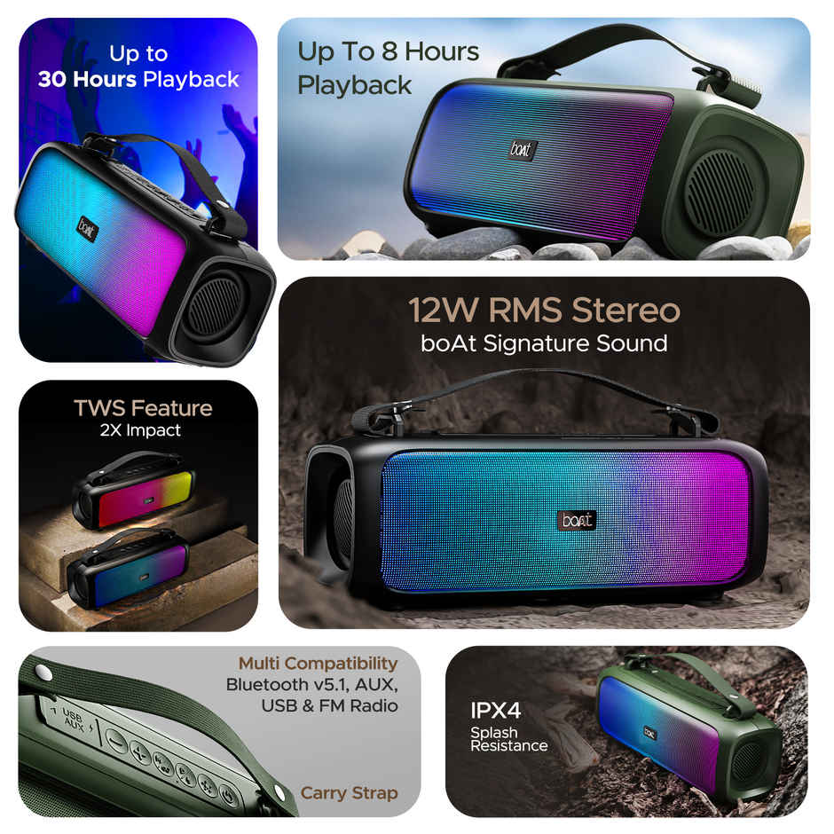 boAt Stone 580 BT Speaker w/ 12W RMS Stereo Sound, 8H Playtime & TWS Feature (Midnight Black)