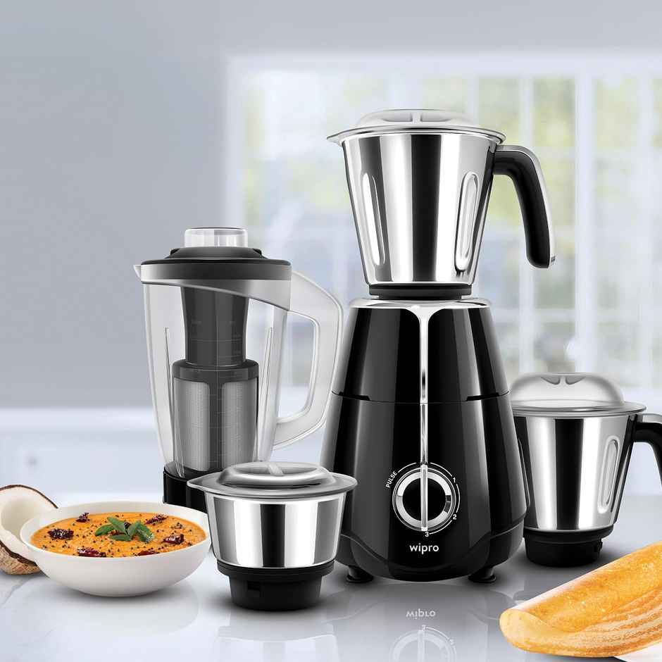 Wipro Elato FMG206 Mixer Grinder | 1000W | 4 Jars | Heavy Duty 100% Copper Motor - Black