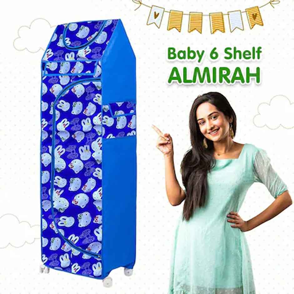 Oyo Baby Multipurpose 6 Shelves Durable Foldable Almirah Cartoon Printed Cover Blue Wardrobe