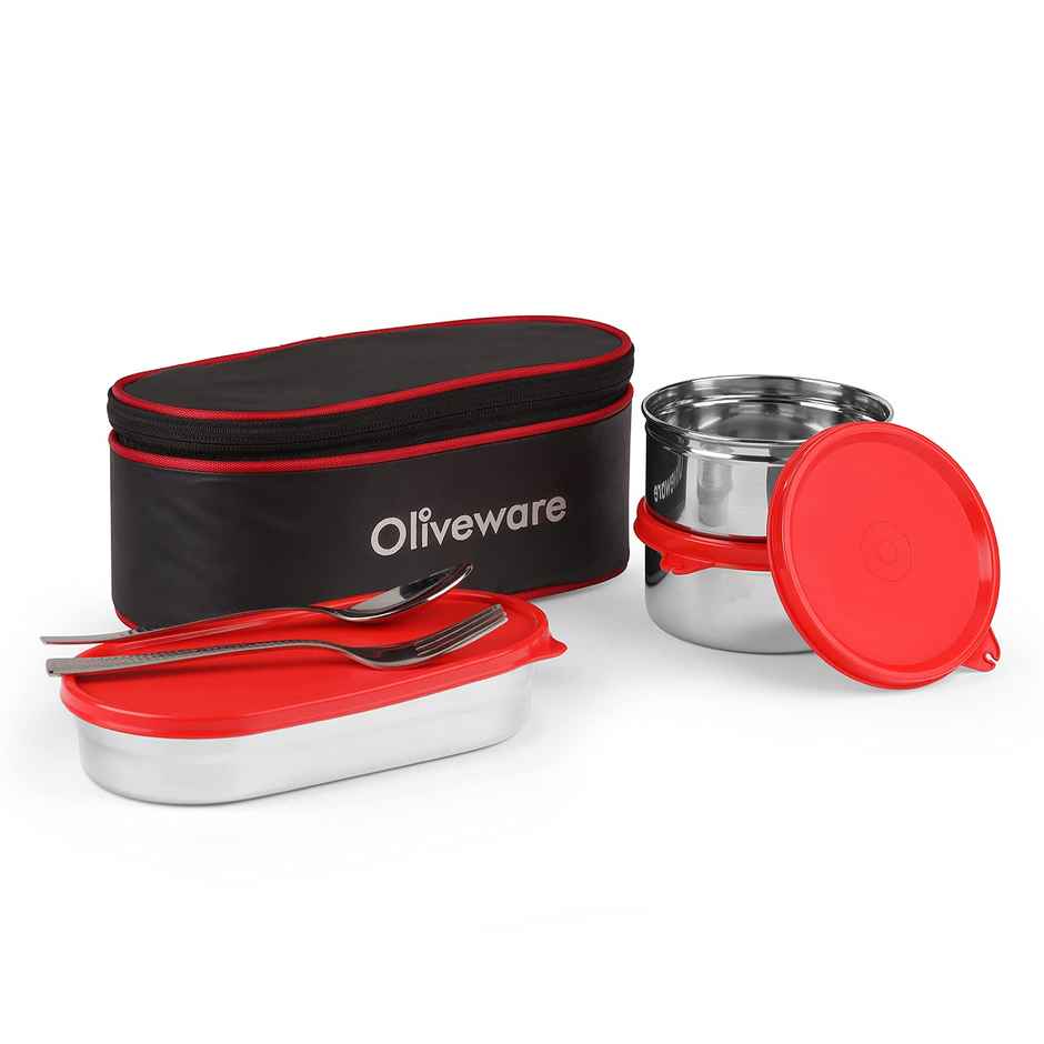 Oliveware Sophia Lunch Box, 3 Stainless Steel Container with BPA Free Lids and Steel Cutlery- Red