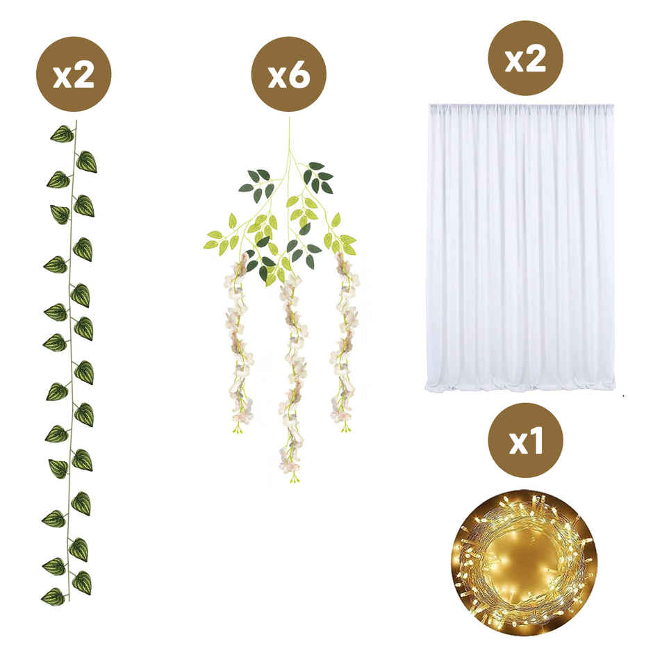 White Net Backdrop Curtain with Wisteria Decoration for Wedding Festival | Party Propz