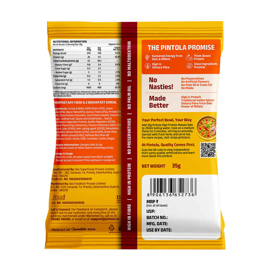 Pintola High Protein Masala Oats | 26 g Protein Magic Masala High Fiber Breakfast Cereal