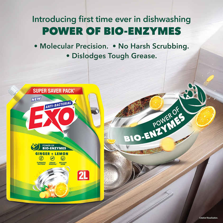 Exo Ginger & Lemon Anti Bacterial Dishwash Liquid | Tough Grease Removal with Power of Bio-Enzymes