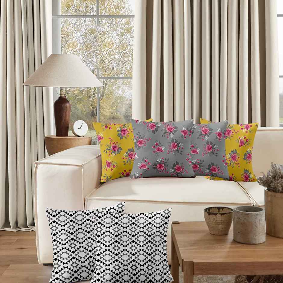 Lushomes Boho Cushion Covers - Grey Flowers | 16 x 16 inch | 5 pcs
