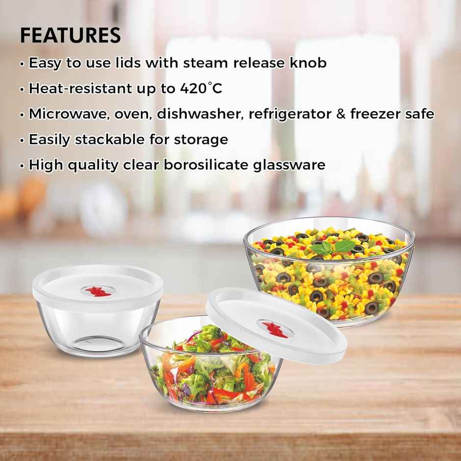 SignoraWare Mixing Borosilicate Glass Bowl Set Of 3 With Lids, 500Ml+1000Ml+1500Ml, 1220Clear