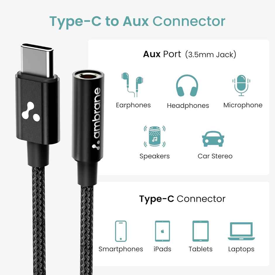 Ambrane Type C to 3.5 mm Audio Jack Converter, Connector Cable (AOTG-CX1)