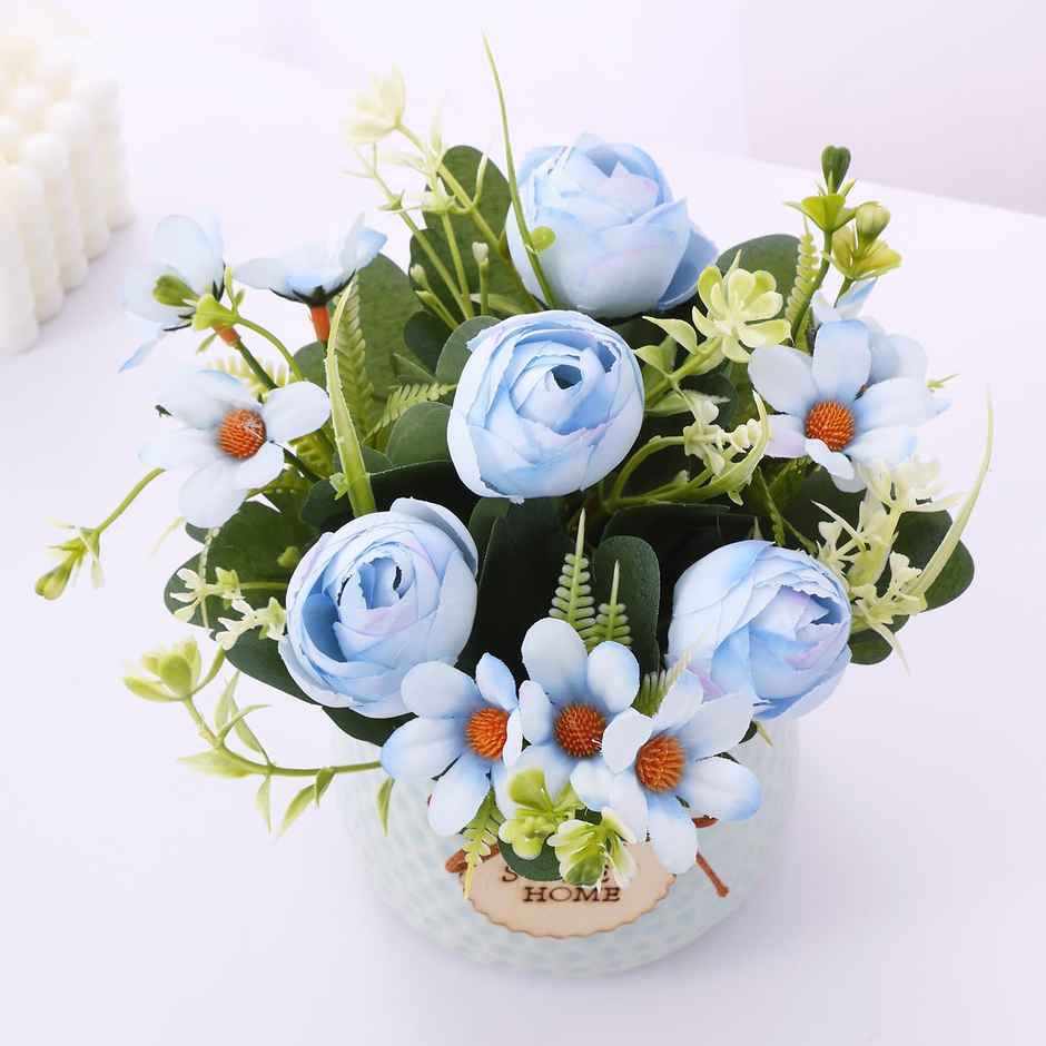 Rose Artificial Plant with Pot | Blue | Tied Ribbons
