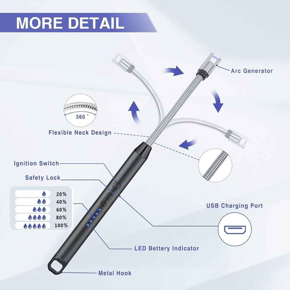 Perpetual USB Rechargeable Electric Lighter | Flexible Neck | Flameless Windproof Lighter | Black