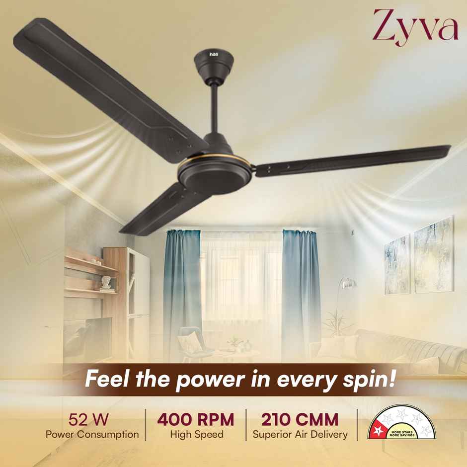 Ivas Zyva Ceiling Fan, 1200mm, 400 RPM, Star Rated, 210 CMM Air Delivery, Smoky Brown