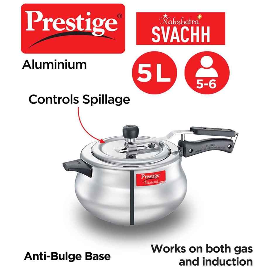 Prestige Nakshatra Plus Svachh Aluminium Pressure Cooker Handi 5Ltr,Ind Base,Spillage Control,Silver